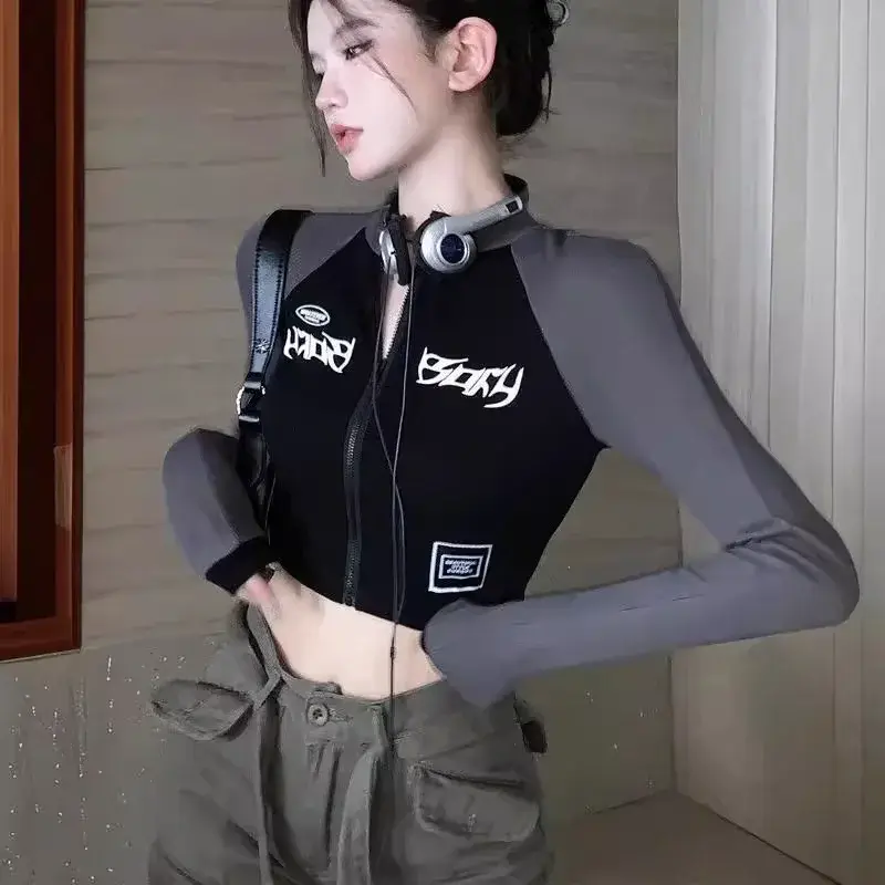Women's Trendy Autumn Cropped Color Blocking Zipper Elegant Slimming Long Sleeve Base Layer Top Lifter from China Mainland