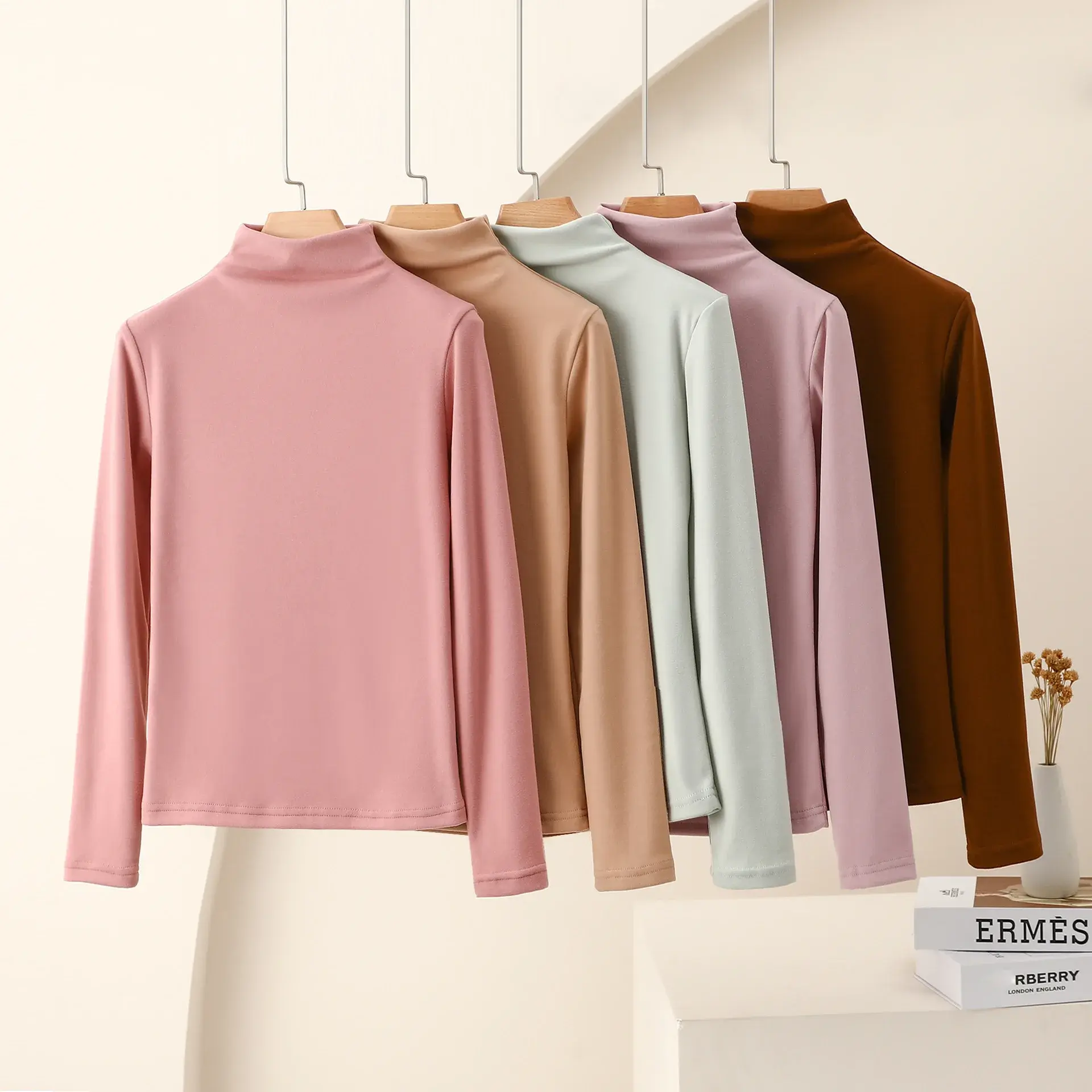 Elegant Casual Nano Polo Turtle Neck Long Sleeve Base Layer Top Smooths Your Silhouette Warm Women's T-Shirt Fleece-Lined