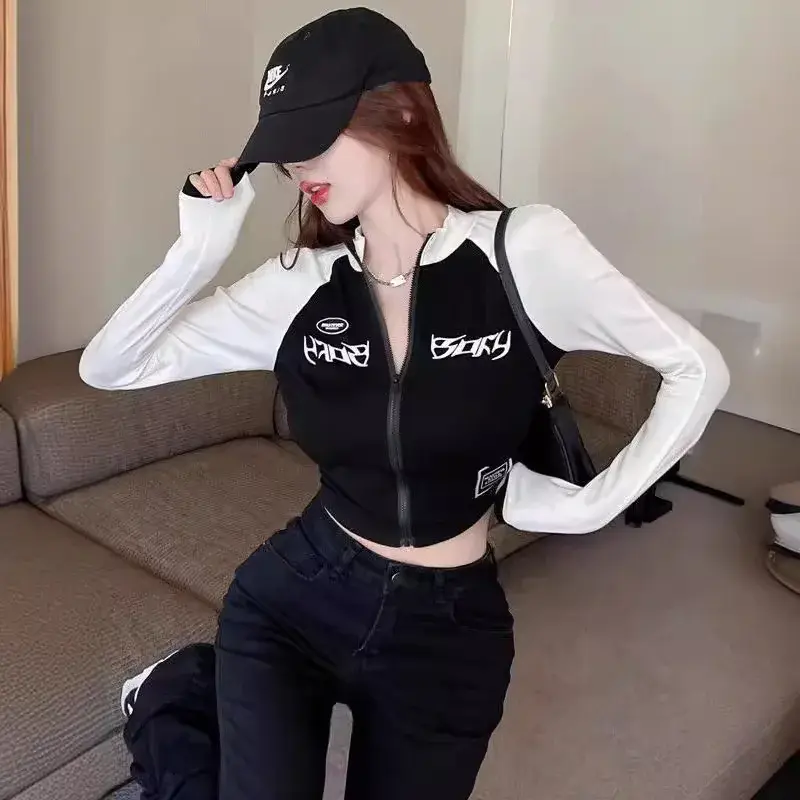 Women's Trendy Autumn Cropped Color Blocking Zipper Elegant Slimming Long Sleeve Base Layer Top Lifter from China Mainland