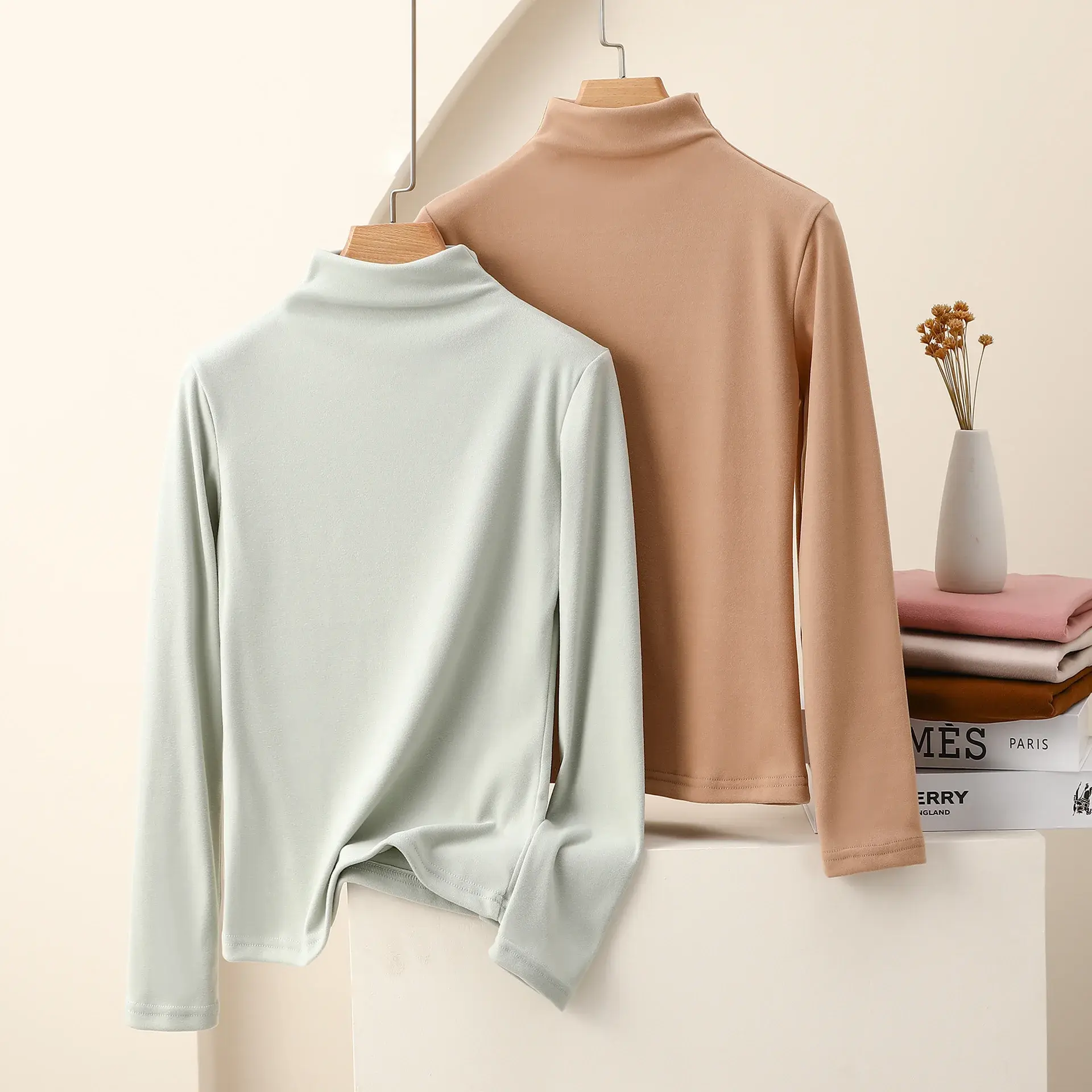 Elegant Casual Nano Polo Turtle Neck Long Sleeve Base Layer Top Smooths Your Silhouette Warm Women's T-Shirt Fleece-Lined