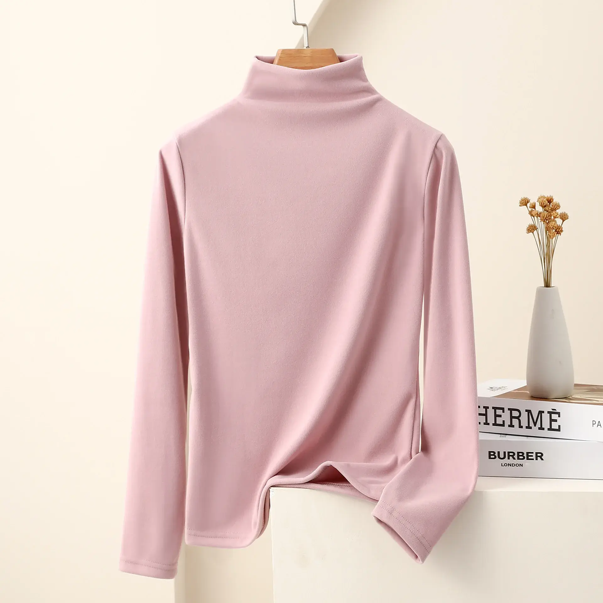 Elegant Casual Nano Polo Turtle Neck Long Sleeve Base Layer Top Smooths Your Silhouette Warm Women's T-Shirt Fleece-Lined