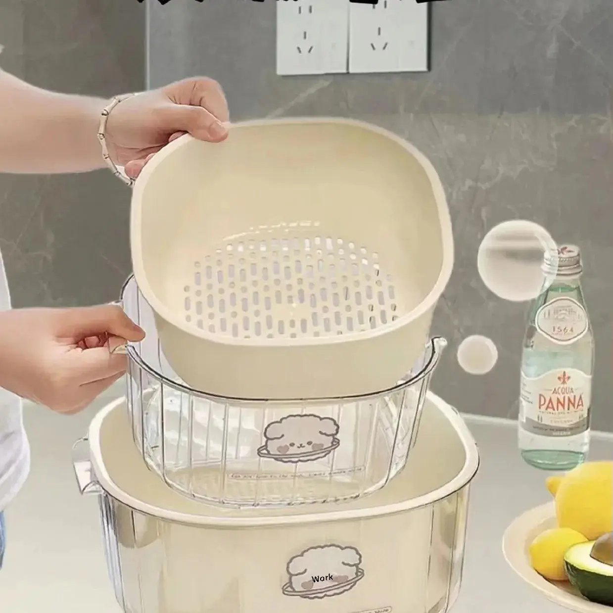 New Double Layer Draining Vegetable Basket Home Living Room Plastic Fruit And Vegetable Kitchen Thickened Draining Basket