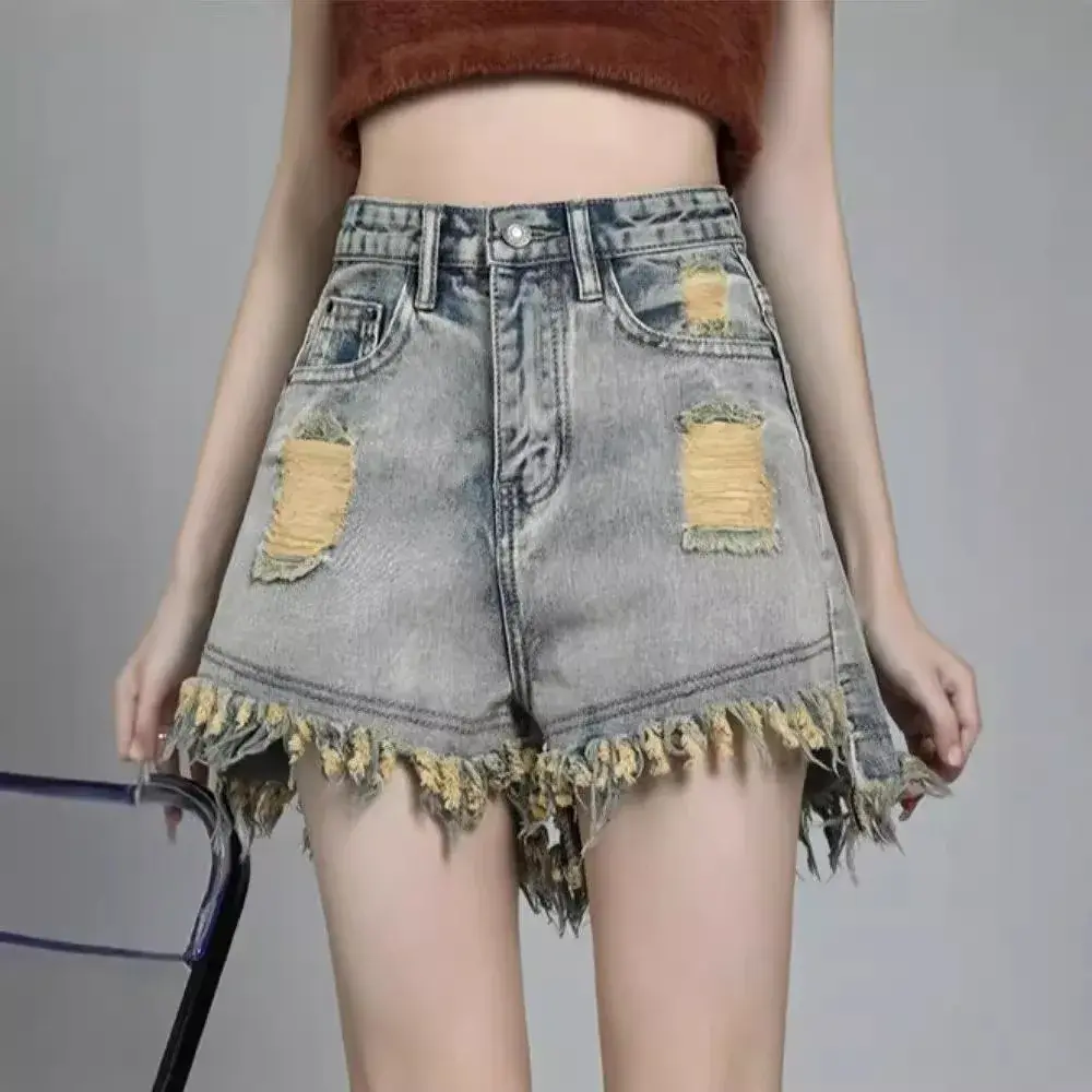 2024 Summer New Style Vintage Fringe High-Waisted Slimming Wide-Leg Cotton Denim Shorts For Women Trendy Ins