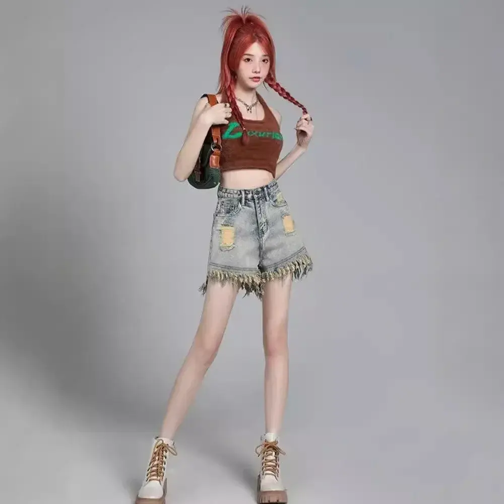 2024 Summer New Style Vintage Fringe High-Waisted Slimming Wide-Leg Cotton Denim Shorts For Women Trendy Ins