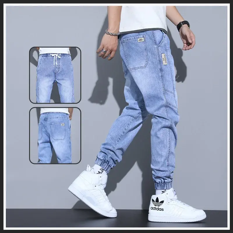 Men's Spring Autumn Jeans 2021 Loose-fit Hong Kong Style Ins Splicing Workwear Harem Pants Casual Scene Male Trousers