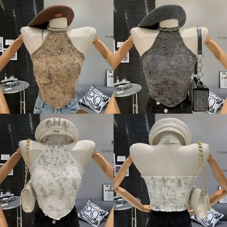 Thai Retro Sexy Diamond Embedded Design Slimming Stylish Shoulder Baring Sleeveless Top Women's Fashionable Neck Hanging