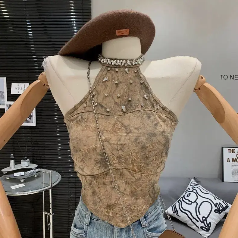 Thai Retro Sexy Diamond Embedded Design Slimming Stylish Shoulder Baring Sleeveless Top Women's Fashionable Neck Hanging