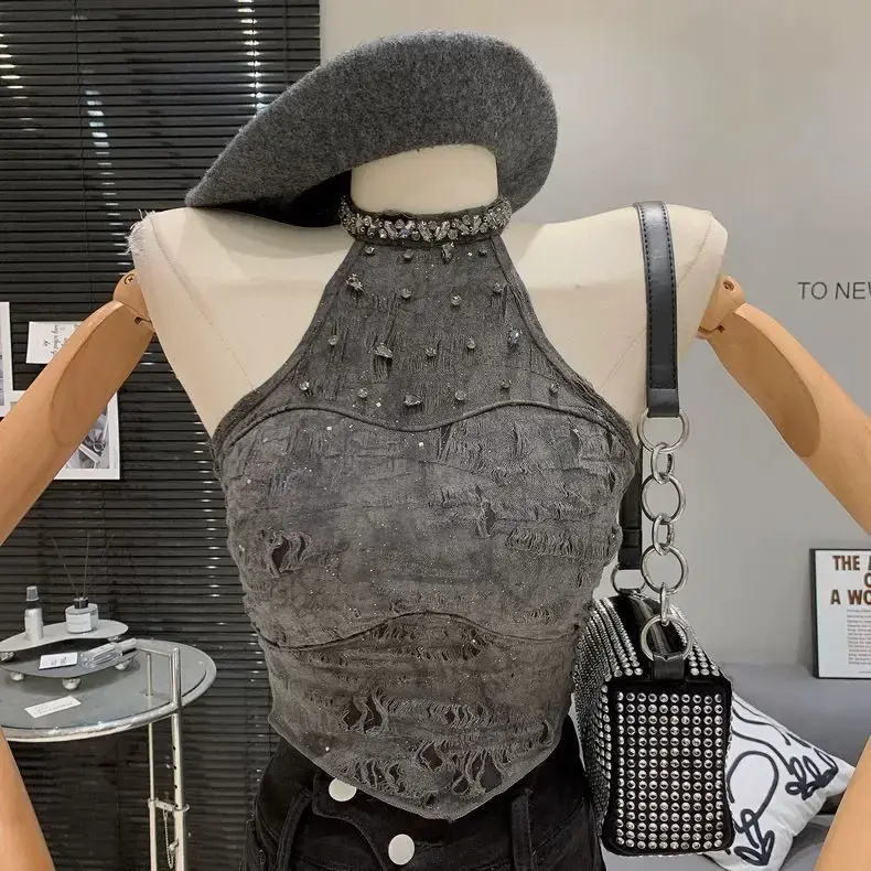 Thai Retro Sexy Diamond Embedded Design Slimming Stylish Shoulder Baring Sleeveless Top Women's Fashionable Neck Hanging