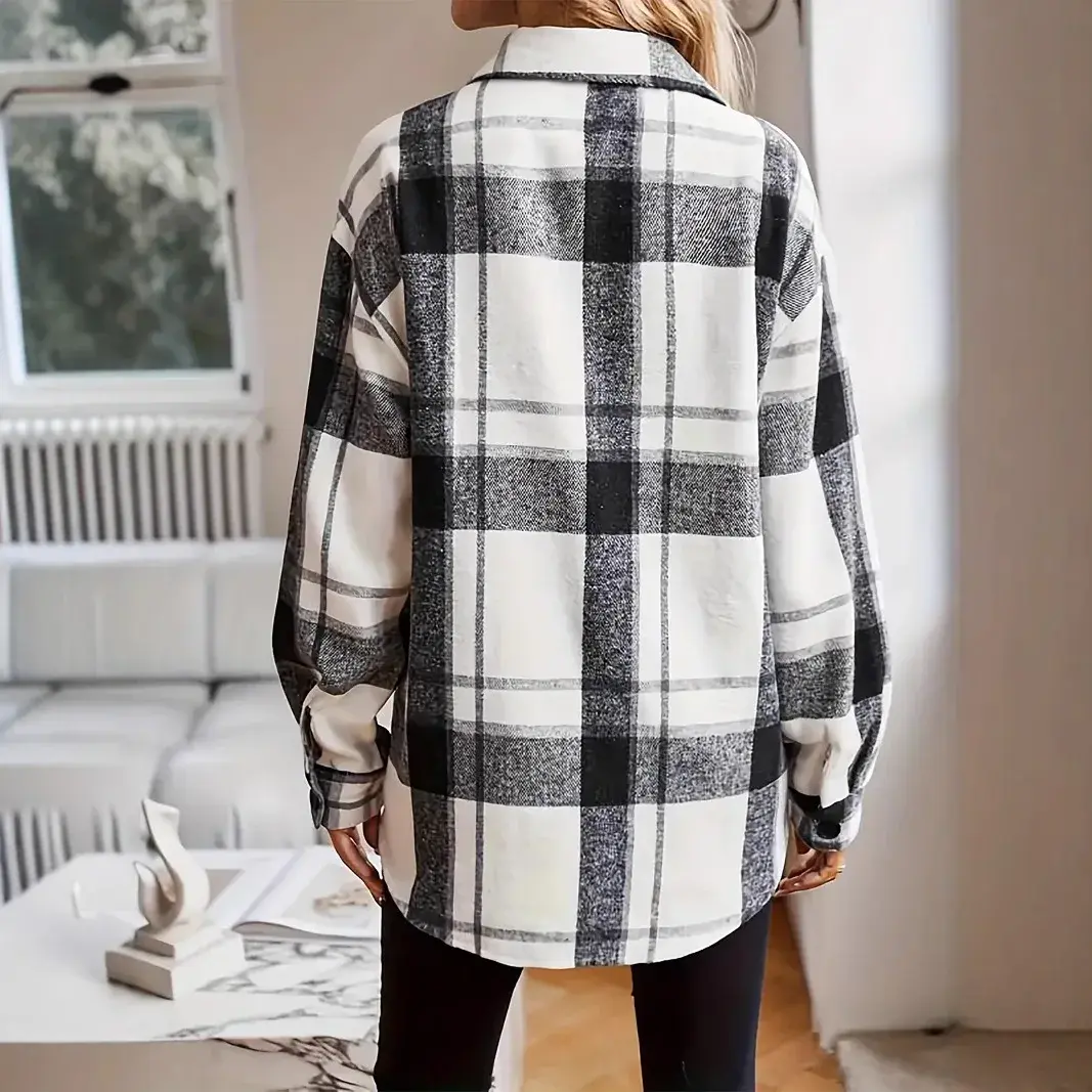 Autumn Winter Plaid Buttoned Velvet Woolen Shirt Women's Fashion Cross-Border Clothing Knitwear Casual Business Office