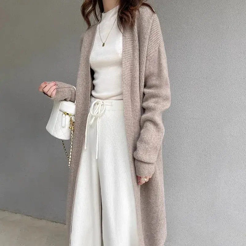 Ladies' Wool Knitted Open Cardigan Spring Hot Sale Of The Season Loose Fit Thickened V-neck Mid-length Sweater Jacket Versatile