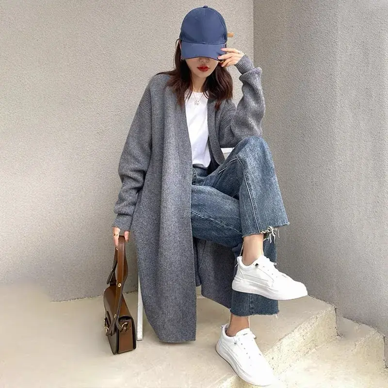 Ladies' Wool Knitted Open Cardigan Spring Hot Sale Of The Season Loose Fit Thickened V-neck Mid-length Sweater Jacket Versatile