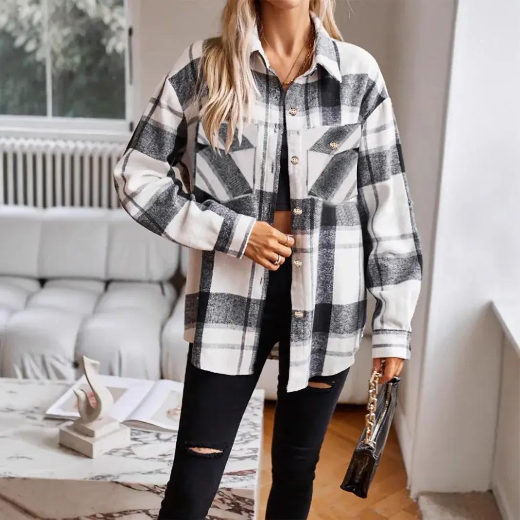 Autumn Winter Plaid Buttoned Velvet Woolen Shirt Women's Fashion Cross-Border Clothing Knitwear Casual Business Office