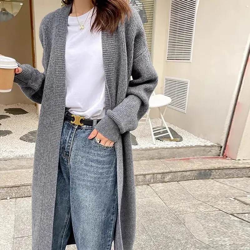 Ladies' Wool Knitted Open Cardigan Spring Hot Sale Of The Season Loose Fit Thickened V-neck Mid-length Sweater Jacket Versatile