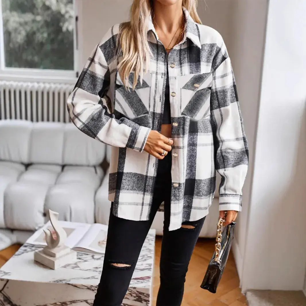 Autumn Winter Plaid Buttoned Velvet Woolen Shirt Women's Fashion Cross-Border Clothing Knitwear Casual Business Office