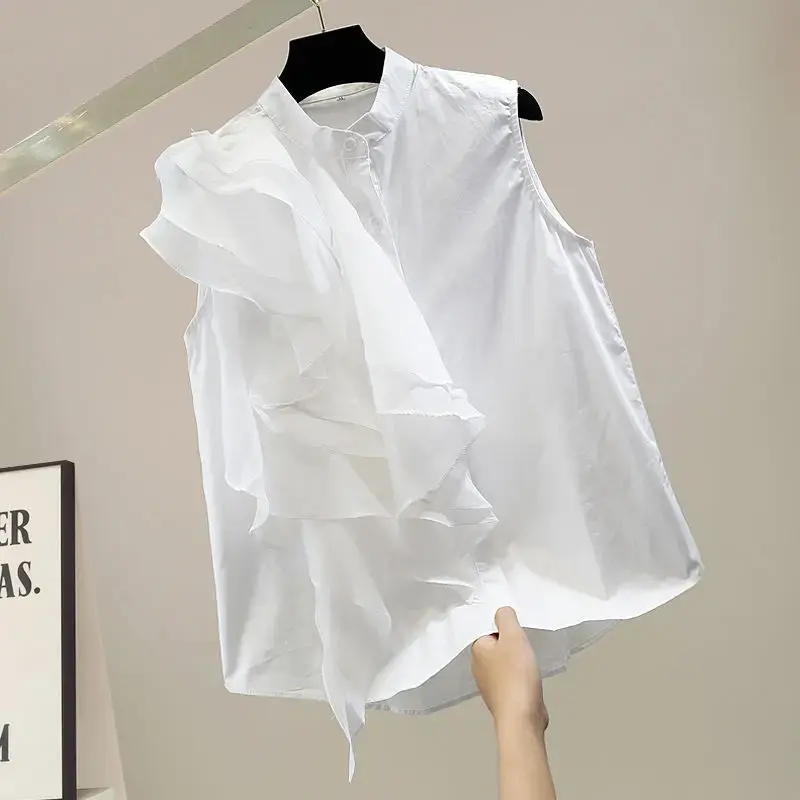 High-End Stylish Design Sensibility Casual Women's T-Shirt Crew Neck Ruffle Edge Side Seam Joining Sleepless Shirt