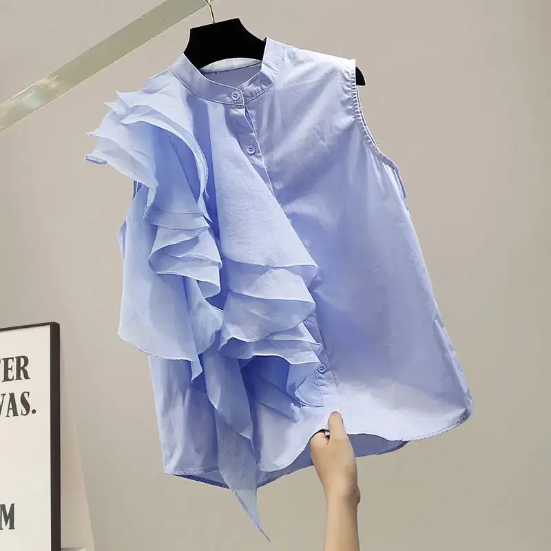 High-End Stylish Design Sensibility Casual Women's T-Shirt Crew Neck Ruffle Edge Side Seam Joining Sleepless Shirt
