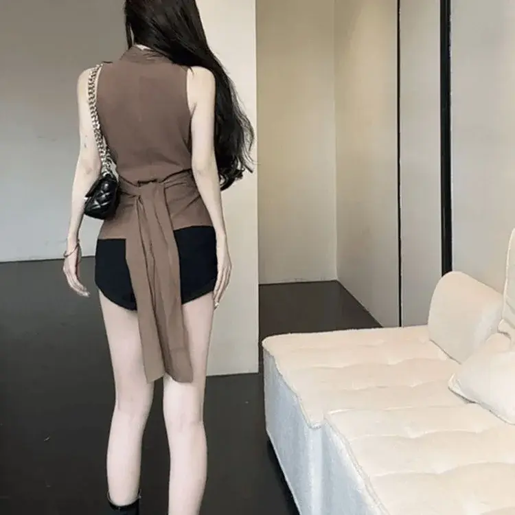 French Style Spicy Girl Sleeveless Halter Top Women Summer Elegant Cross V-neck Belted Slimming Small Shirt Polyester Blend