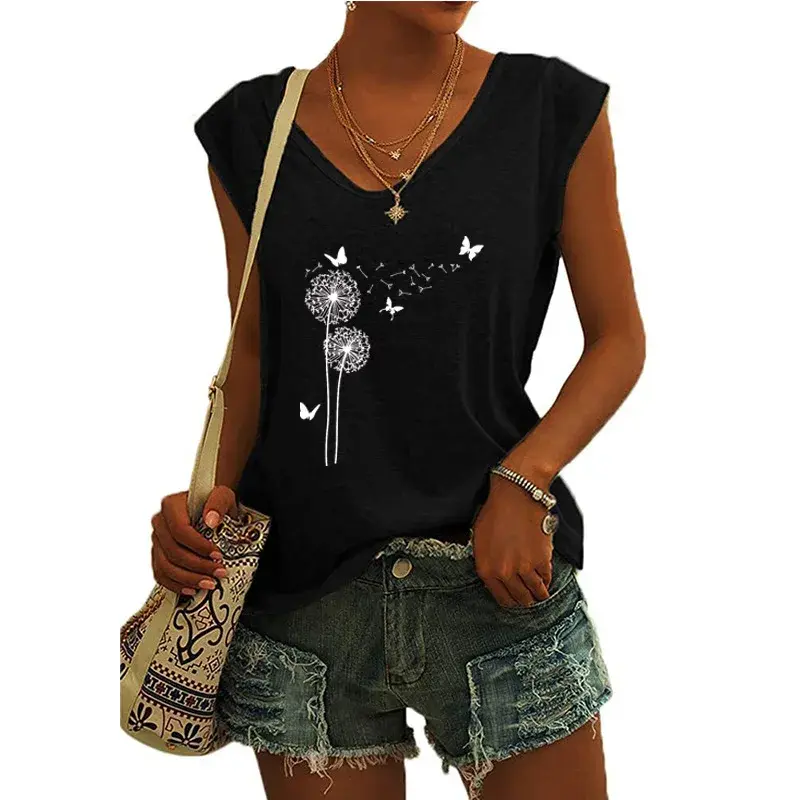 2022 Amazon Europe Cross-Border Women's Clothing Printed V-Neck Long Sleeve Loose Fit T-Shirt Top Sleeveless Cotton Material