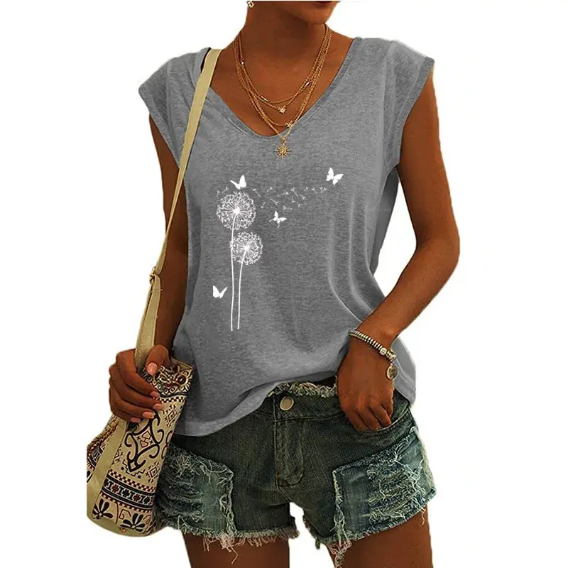 2022 Amazon Europe Cross-Border Women's Clothing Printed V-Neck Long Sleeve Loose Fit T-Shirt Top Sleeveless Cotton Material