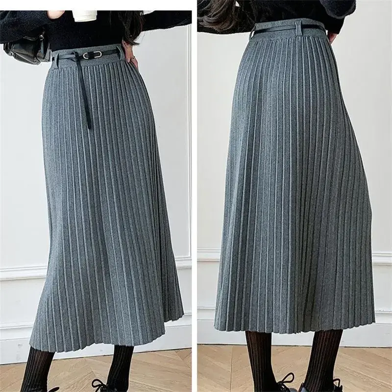 ElegantGreyknit Plaid Skirt Medium-Length High-Waisted Slimming Bodycon A- Line Umbrella Skirt For Women