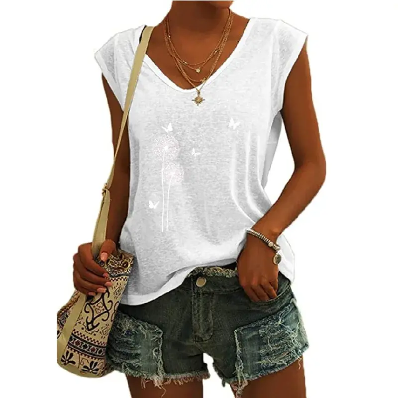 2022 Amazon Europe Cross-Border Women's Clothing Printed V-Neck Long Sleeve Loose Fit T-Shirt Top Sleeveless Cotton Material