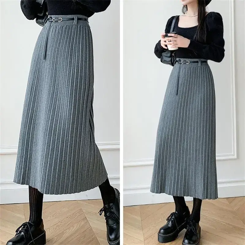 ElegantGreyknit Plaid Skirt Medium-Length High-Waisted Slimming Bodycon A- Line Umbrella Skirt For Women
