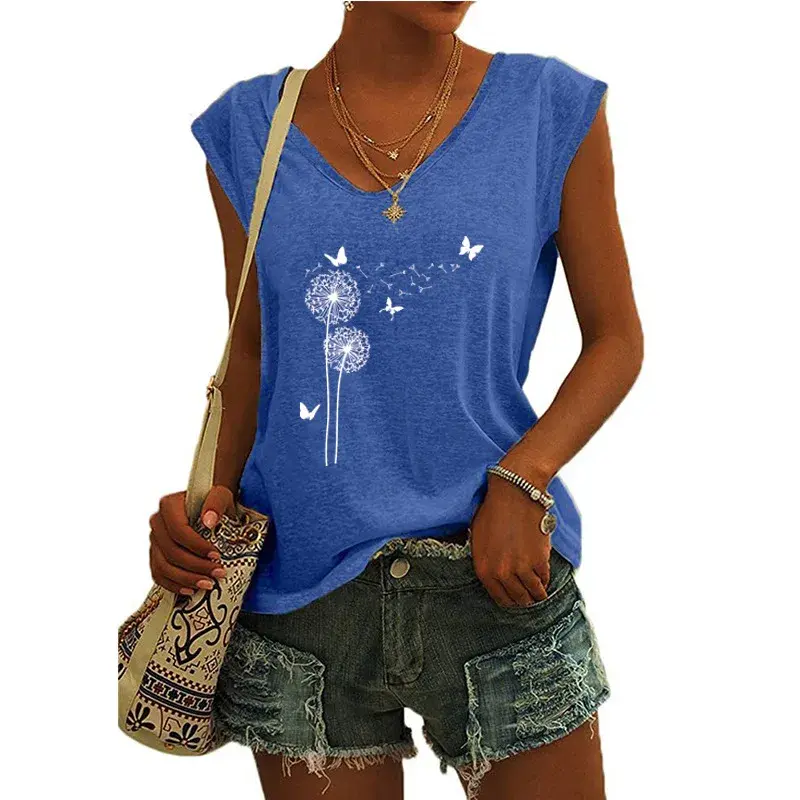 2022 Amazon Europe Cross-Border Women's Clothing Printed V-Neck Long Sleeve Loose Fit T-Shirt Top Sleeveless Cotton Material