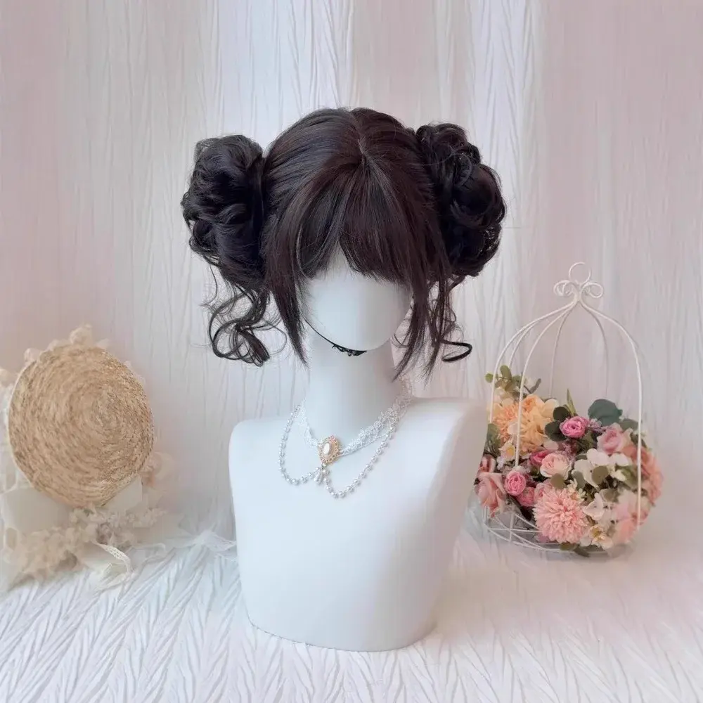 Sweet Heart Double Explosion Ball Wig Women's Short Straight Hair Removable Flower Bud Head Lolita Full Head Cover