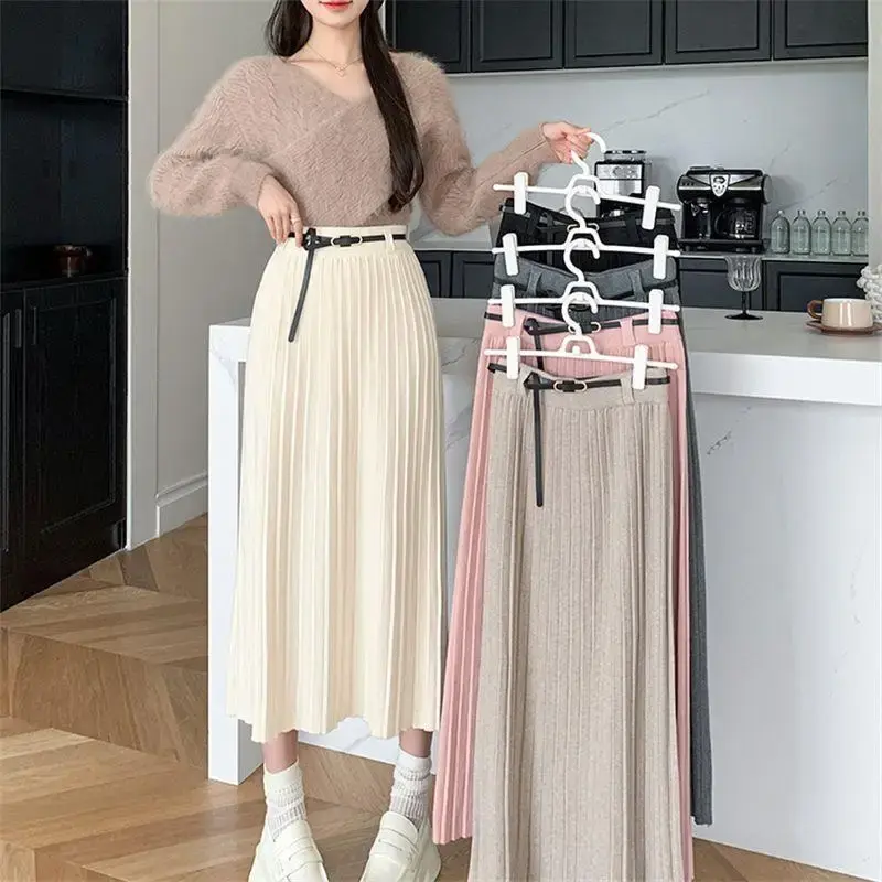 ElegantGreyknit Plaid Skirt Medium-Length High-Waisted Slimming Bodycon A- Line Umbrella Skirt For Women