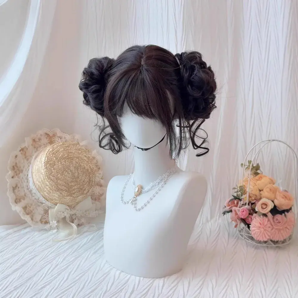 Sweet Heart Double Explosion Ball Wig Women's Short Straight Hair Removable Flower Bud Head Lolita Full Head Cover