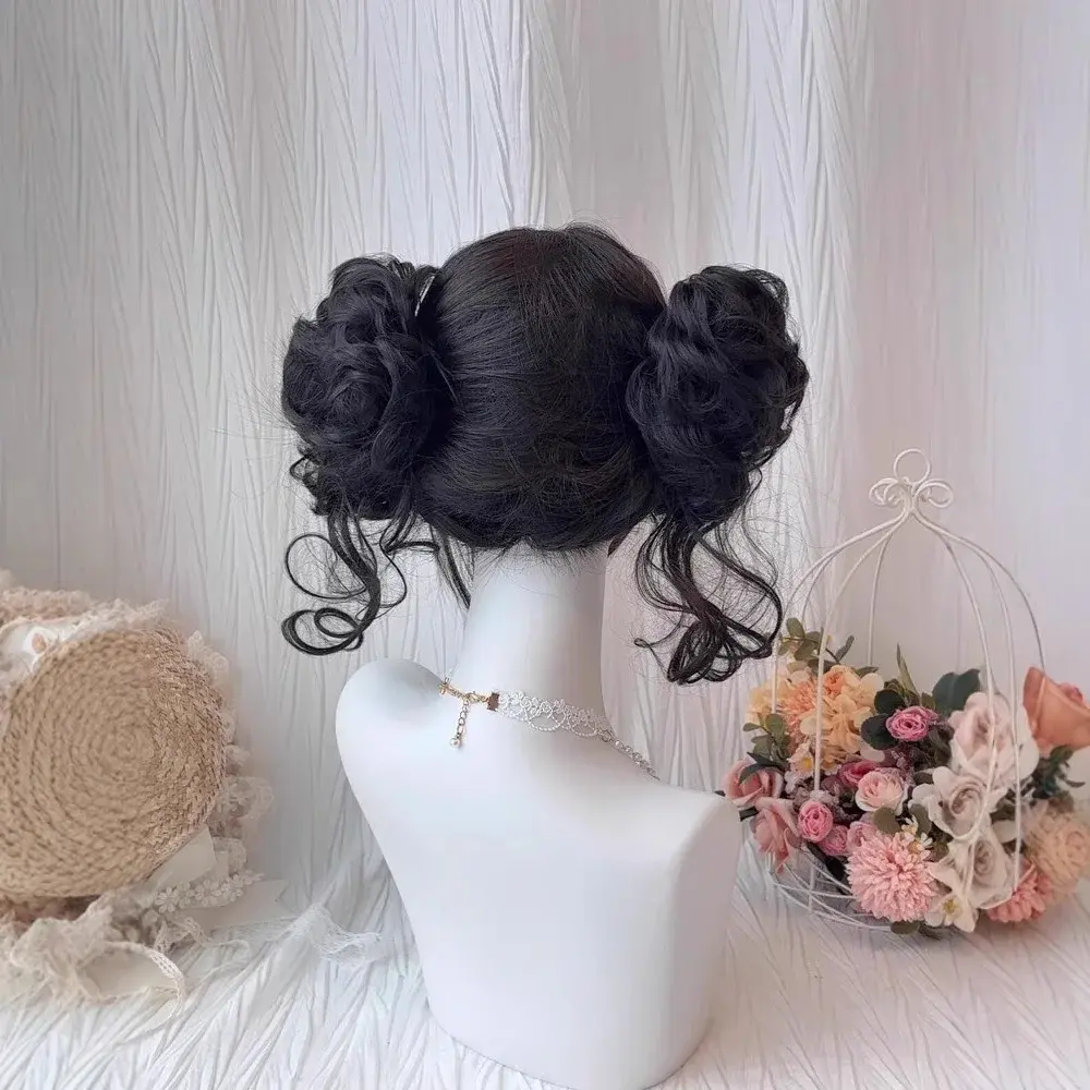 Sweet Heart Double Explosion Ball Wig Women's Short Straight Hair Removable Flower Bud Head Lolita Full Head Cover