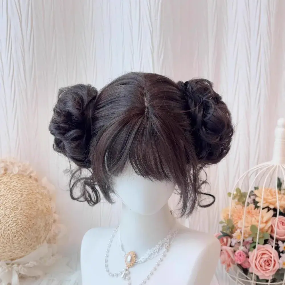 Sweet Heart Double Explosion Ball Wig Women's Short Straight Hair Removable Flower Bud Head Lolita Full Head Cover