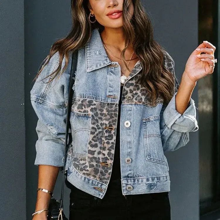 New Style Autumn/Winter Denim Jacket Women's Long Sleeve Standalone European And American Jacket Women's Leopard Print Top