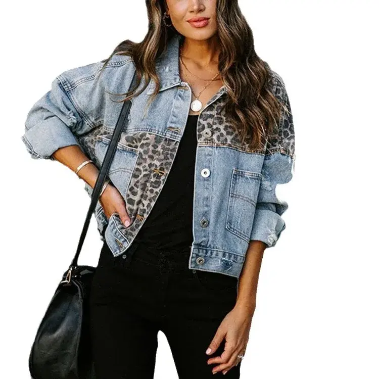 New Style Autumn/Winter Denim Jacket Women's Long Sleeve Standalone European And American Jacket Women's Leopard Print Top