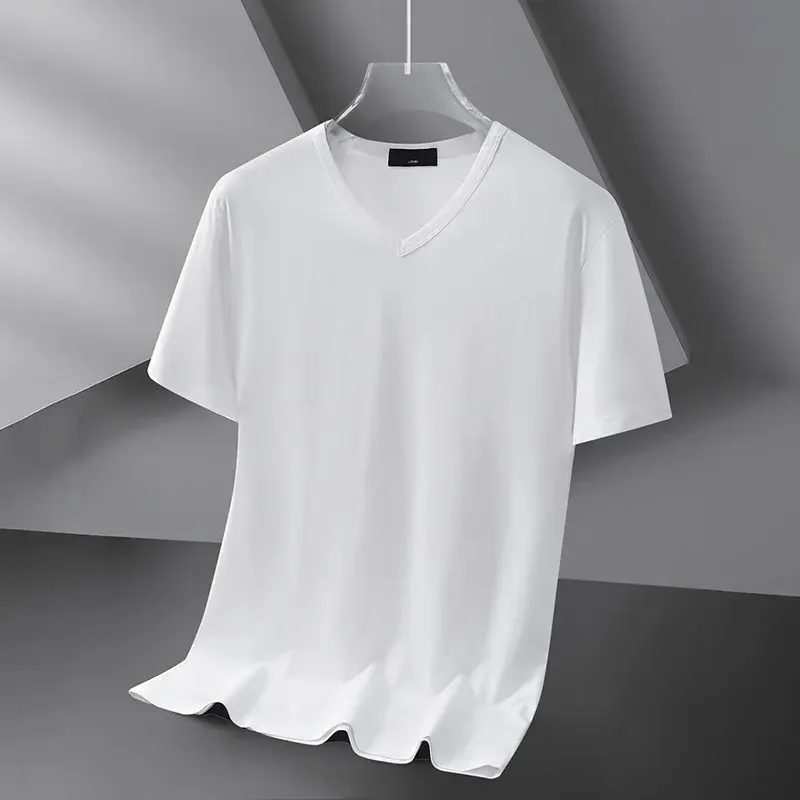 Modale Ice Silk Short Sleeve T-shirt For Men Summer Thin V-neck Pure Black Solid Color New Style Quick Dry Half Sleeve Tee