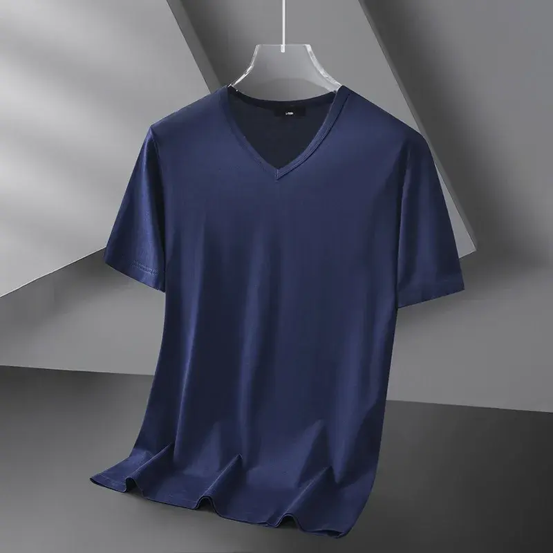 Modale Ice Silk Short Sleeve T-shirt For Men Summer Thin V-neck Pure Black Solid Color New Style Quick Dry Half Sleeve Tee