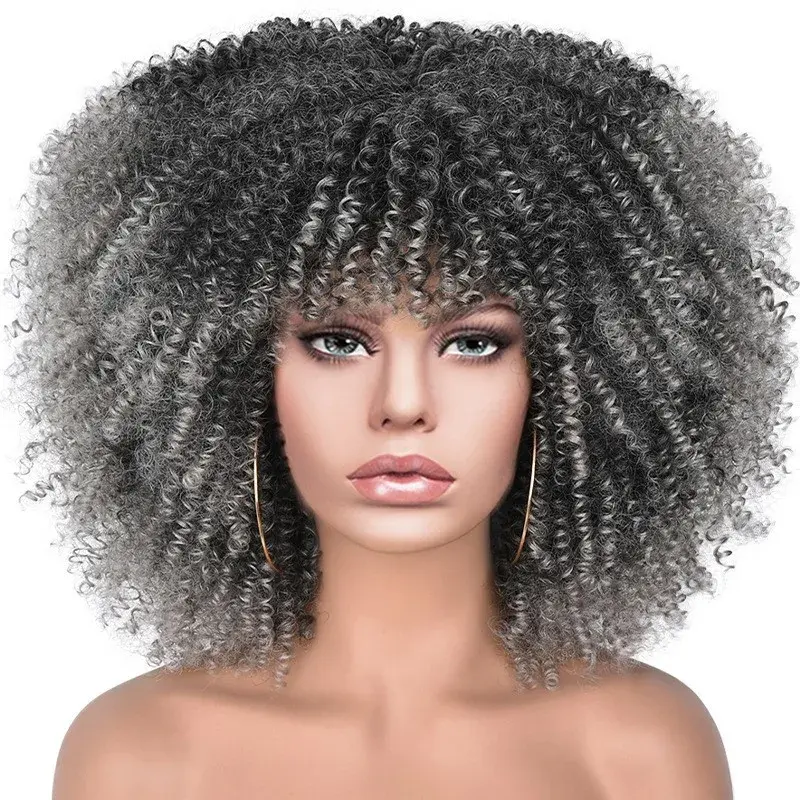 New Short Curly African Hair Wig Women's Explosion Head Synthetic Fiber Net Head Cover Rose Patterned White People's Wig