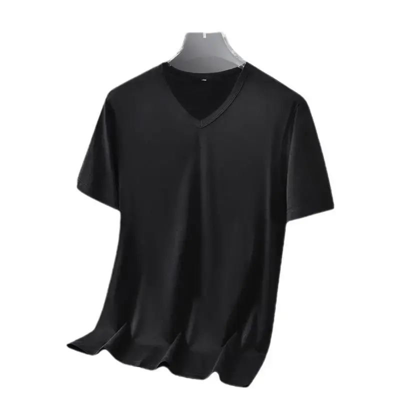 Modale Ice Silk Short Sleeve T-shirt For Men Summer Thin V-neck Pure Black Solid Color New Style Quick Dry Half Sleeve Tee