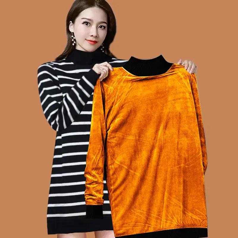 Thickened Fleece Long Sleeve Crew Neck Thermal Shirt Wrap around Design Winter Warm Polyester T-Shirt for Women Casual Striped S