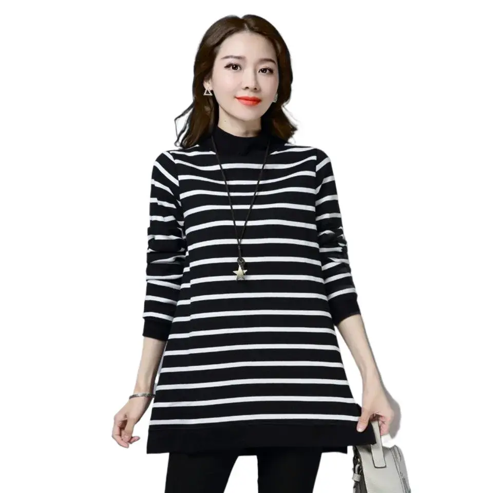 Thickened Fleece Long Sleeve Crew Neck Thermal Shirt Wrap around Design Winter Warm Polyester T-Shirt for Women Casual Striped S