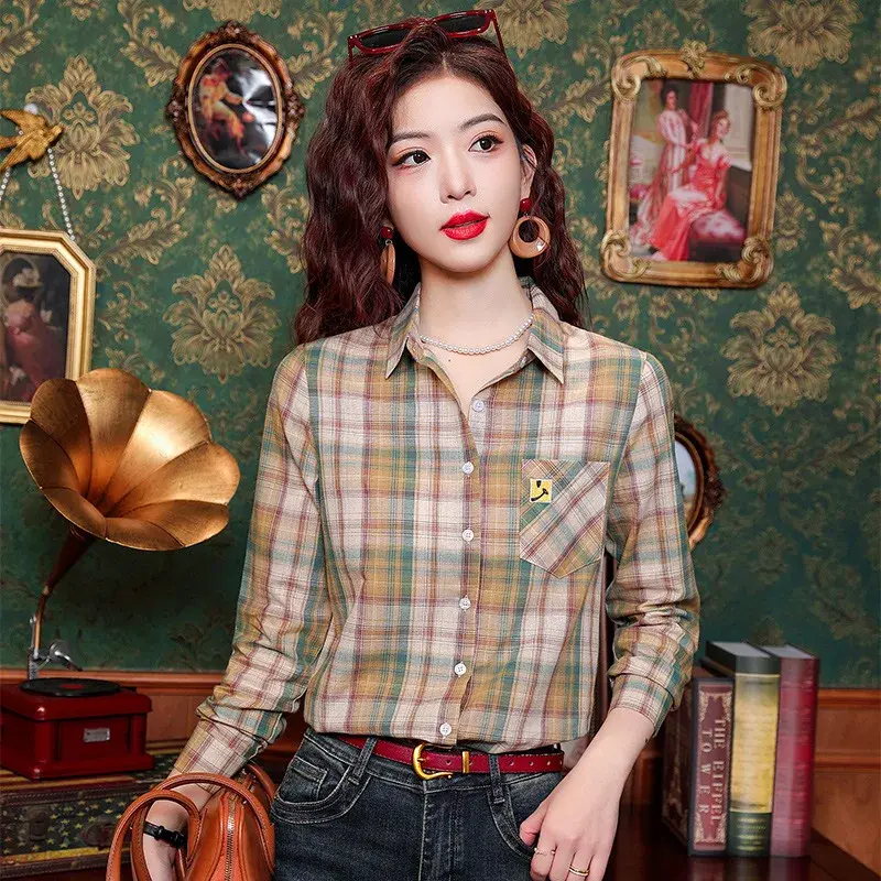 Fashionable Design Slimming Women's Long Sleeve Cotton Plaid Shirt Autumn Collection 2024 Korean Style Elegant Women's Top