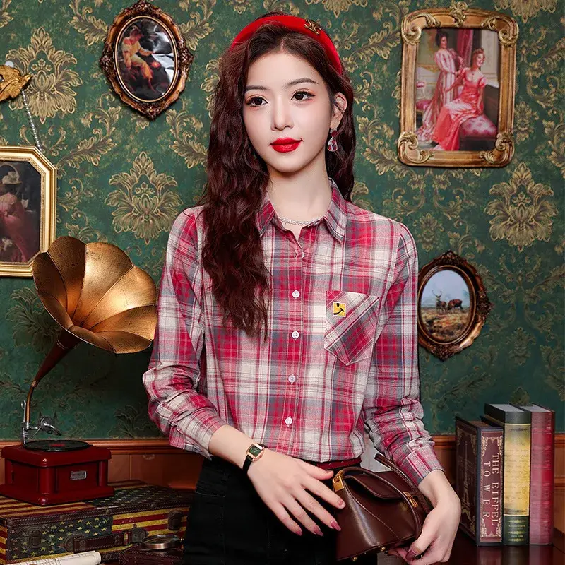 Fashionable Design Slimming Women's Long Sleeve Cotton Plaid Shirt Autumn Collection 2024 Korean Style Elegant Women's Top