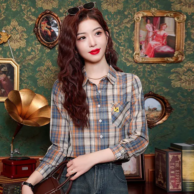 Fashionable Design Slimming Women's Long Sleeve Cotton Plaid Shirt Autumn Collection 2024 Korean Style Elegant Women's Top