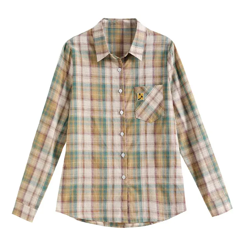 Fashionable Design Slimming Women's Long Sleeve Cotton Plaid Shirt Autumn Collection 2024 Korean Style Elegant Women's Top