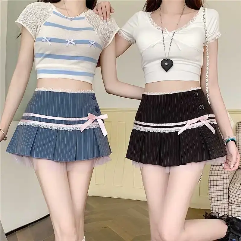 Sweet Striped Color Block Pleated Skirt with Butterfly Bow Lace Panel Spring Summer Vintage Versatile Half-length Skirts