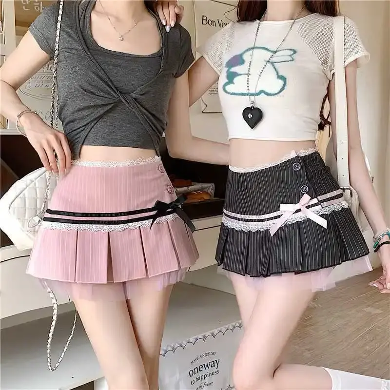 Sweet Striped Color Block Pleated Skirt with Butterfly Bow Lace Panel Spring Summer Vintage Versatile Half-length Skirts