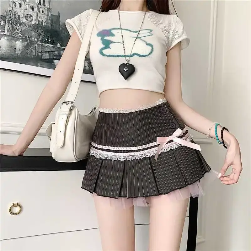 Sweet Striped Color Block Pleated Skirt with Butterfly Bow Lace Panel Spring Summer Vintage Versatile Half-length Skirts