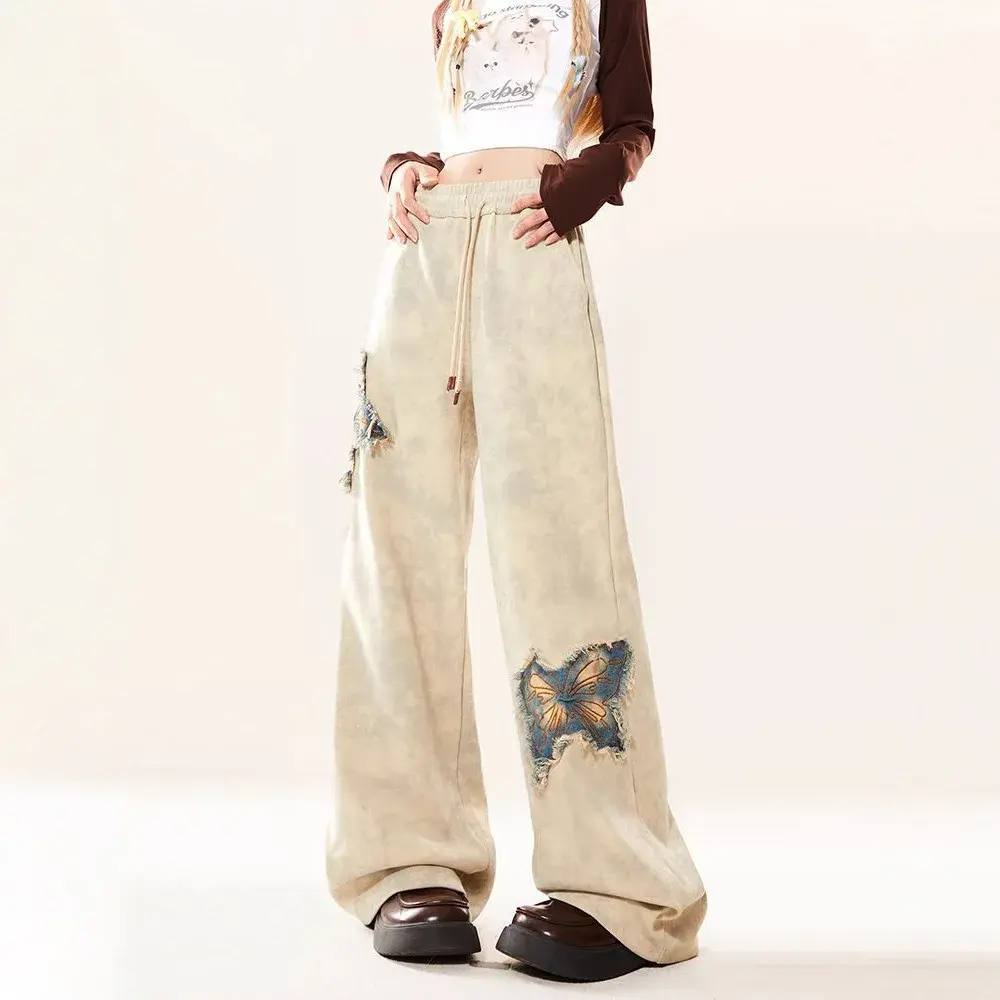 Thickened Fleece Wide Leg Pants Women's High Waist Straight Cut Slimming Loose Fit Trousers Butterfly Lace Edge American Style