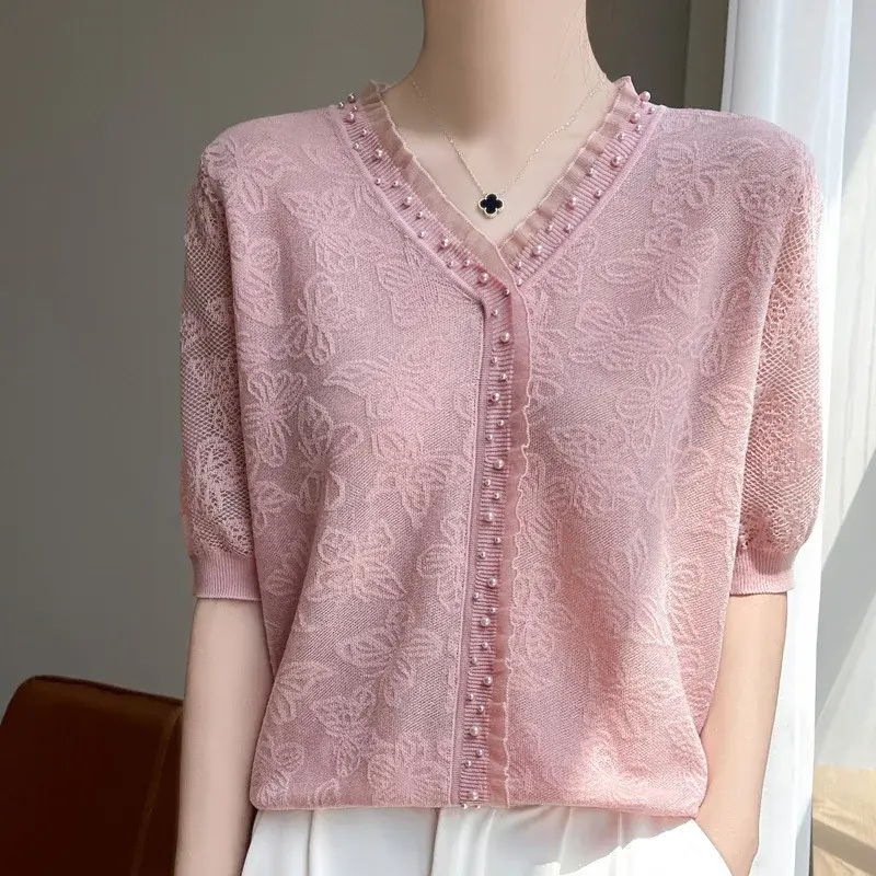 Spring Summer New Women's Soft Silk V-Neck Beaded Jacquard Design Short Sleeves Loose Fit Sweet Style Knit Inner