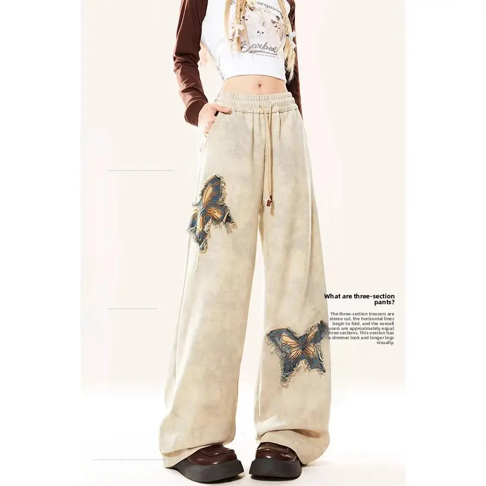Thickened Fleece Wide Leg Pants Women's High Waist Straight Cut Slimming Loose Fit Trousers Butterfly Lace Edge American Style